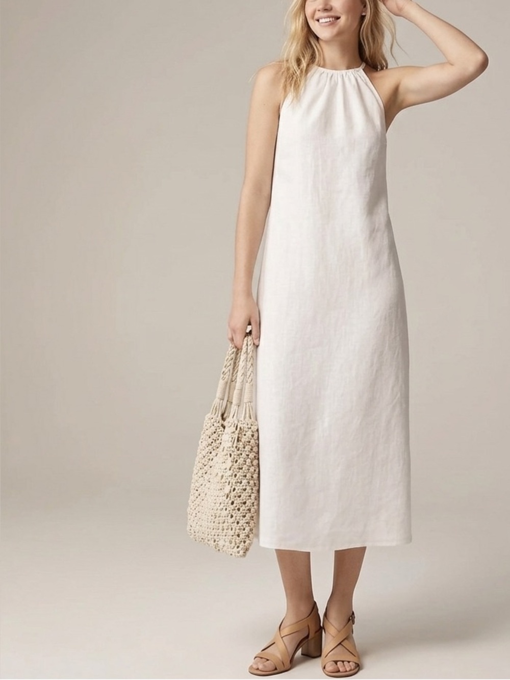 J.Crew High Neck 100% Linen Midi Dress in White